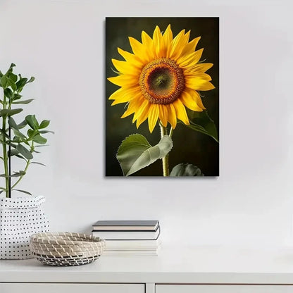 Vibrant Yellow Petals & Green Leaves, Painting 40x60cm Metal Print Ready to Hang