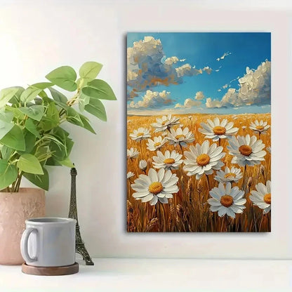 Beautiful White Daisies Under Bright Blue Painting 40x60cm Metal Print Ready to Hang