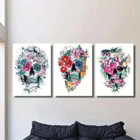 3pcs Vibrant Floral Skull Decoration Wall Art Canvas Unframed – High Quality Print 100% Australian Made Wall Canvas