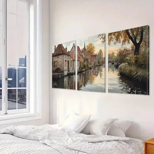 3pcs Aesthetic Peaceful Village In Autumn Art Set Canvas Unframed - High Quality Print 100% Australian Made Wall Canvas