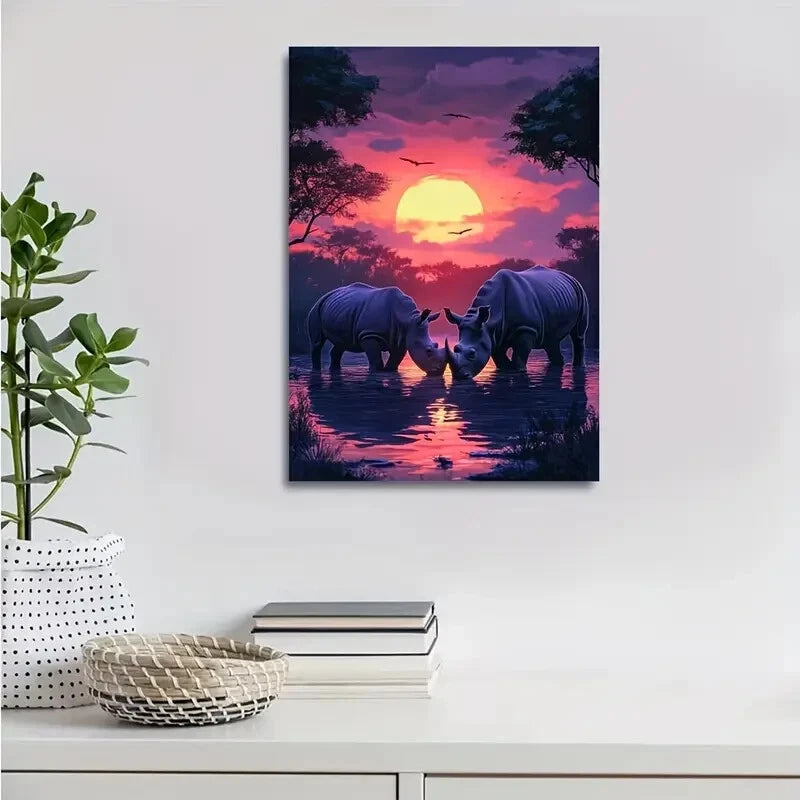Rhinoceroses Playing Under Glowing Sunset Painting 40x60cm Metal Print Ready to Hang