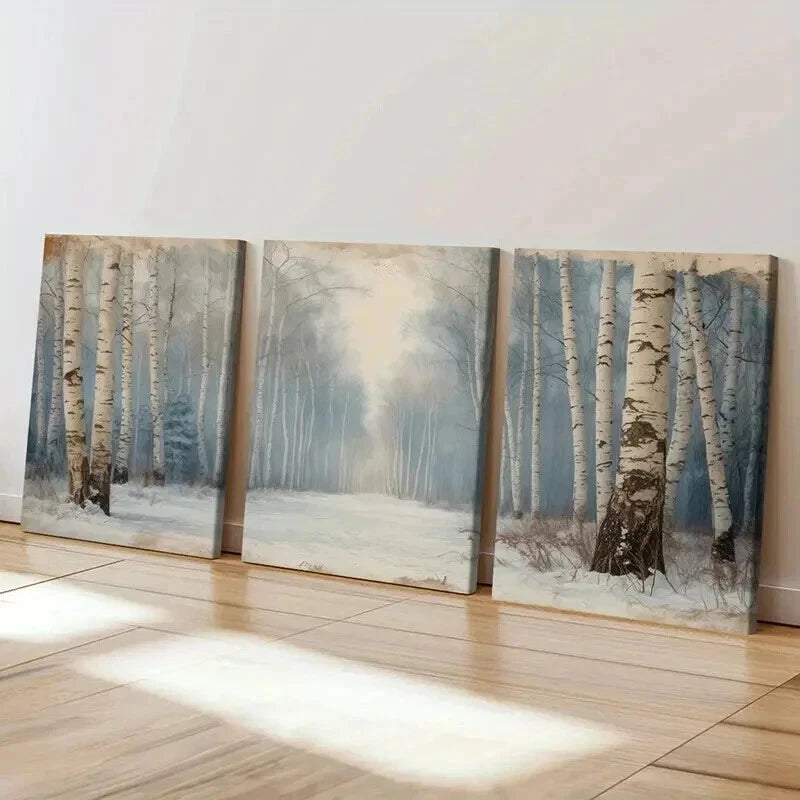 3pcs Winter Forest Birch Trees Snowy Path Wall Art Set Canvas Framed 40x60cm - High Quality Print 100% Australian Made Wall Canvas Ready to Hang