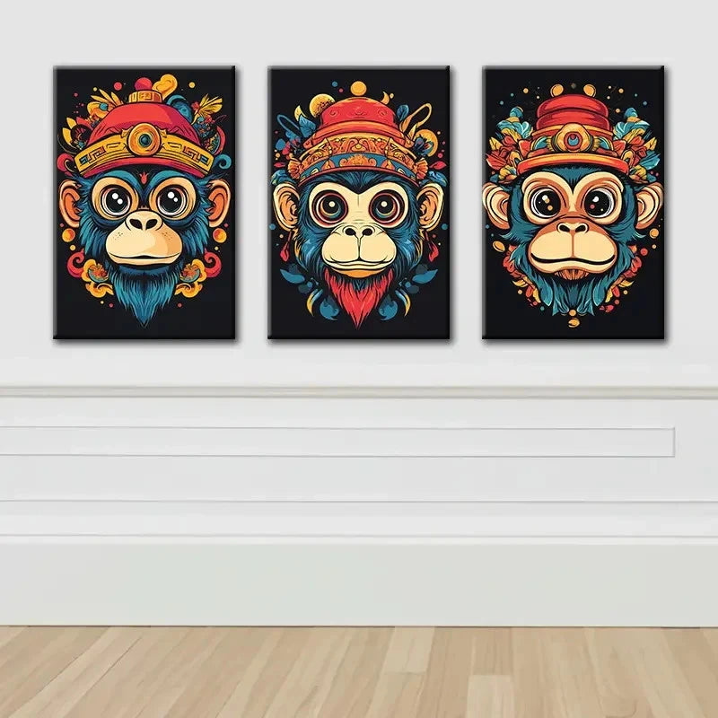 3pcs Cartoon Monkey Head Design Wall Art Set Canvas Framed 50x70cm - High Quality Print 100% Australian Made Wall Canvas Ready to Hang