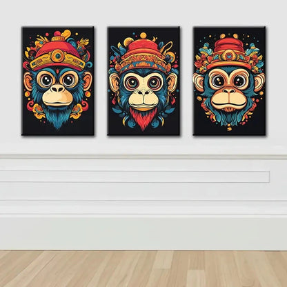 3pcs Cartoon Monkey Head Design Wall Art Set Canvas Framed 50x70cm - High Quality Print 100% Australian Made Wall Canvas Ready to Hang
