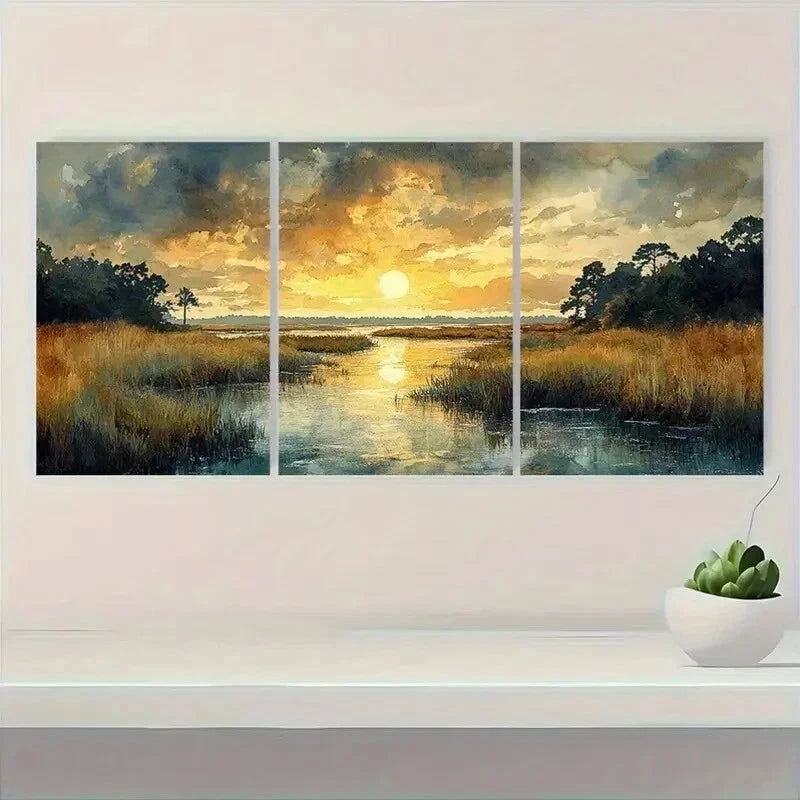 3pcs Lowcountry Marsh Landscape Perfect Wall Art Set Canvas Framed 40x60cm - High Quality Print 100% Australian Made Wall Canvas Ready to Hang