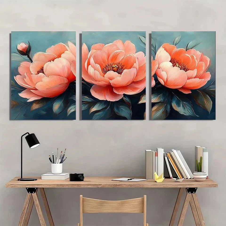 3pcs Vibrant Pink Peach Flowers Metal Print Ready to Hang Art
