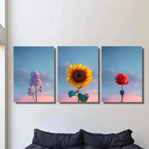 3pcs Purple Lilac Sunflower Rose and Fresh Sky Wall Art Set Canvas Unframed - High Quality Print 100% Australian Made Wall Canvas