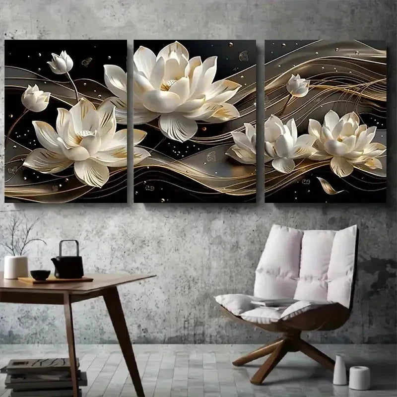 3pcs Elegant White Flower Golden Accents Metal Print Ready to Hang Art