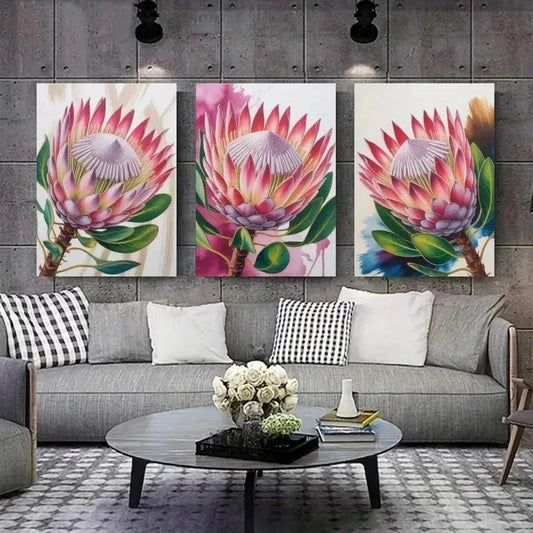 3pcs Protea Flower, Green Leaves Wall Art Set Canvas Framed 40x60cm - High Quality Print 100% Australian Made Wall Canvas Ready to Hang