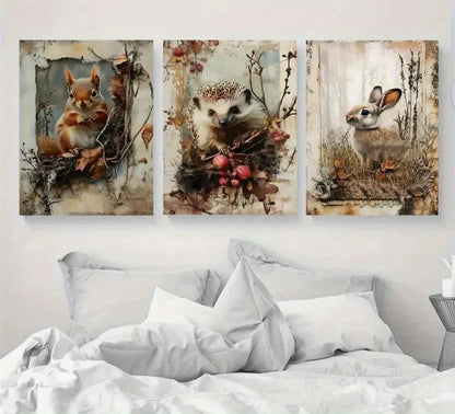 3pcs Rabbits Squirrels Hedgehogs Metal Print Ready to Hang Art