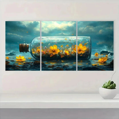 3pcs Vibrant Floral Bottle Oil Painting Metal Print Ready to Hang Art