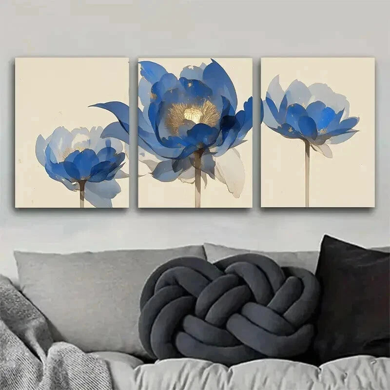 3pcs Vibrant Blue & White Lotus Flower Wall Art Set Canvas Framed 40x60cm - High Quality Print 100% Australian Made Wall Canvas Ready to Hang