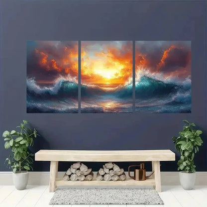 3pcs Depiction Of Ocean Waves luminated By Sun Wall Art Canvas Unframed - High Quality Print 100% Australian Made Wall Canvas