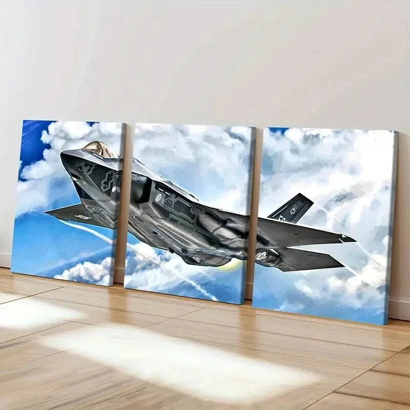 3pcs Fighter Jets & Bombers in Flight Wall Art Set Canvas Framed 40x60cm - High Quality Print 100% Australian Made Wall Canvas Ready to Hang
