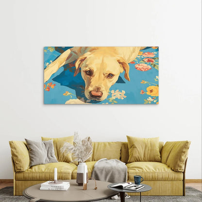 Cute Yellow Labrador Dog on Blue Mat Wall Art Canvas Office Home Framed 120x60cm
