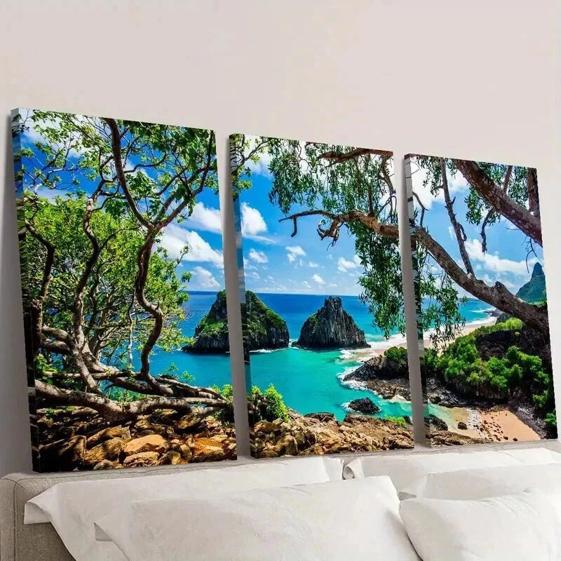 3pcs Fernando De Noronha Tranquil Cyan Waters Wall Art Set Canvas Framed 40x60cm - High Quality Print 100% Australian Made Wall Canvas Ready to Hang