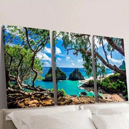 3pcs Fernando De Noronha Tranquil Cyan Waters Wall Art Set Canvas Framed 40x60cm - High Quality Print 100% Australian Made Wall Canvas Ready to Hang