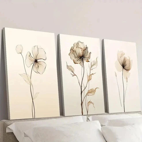 3pcs Retro Beige Floral Illustration Wall Art Canvas Unframed - High Quality Print 100% Australian Made Wall Canvas