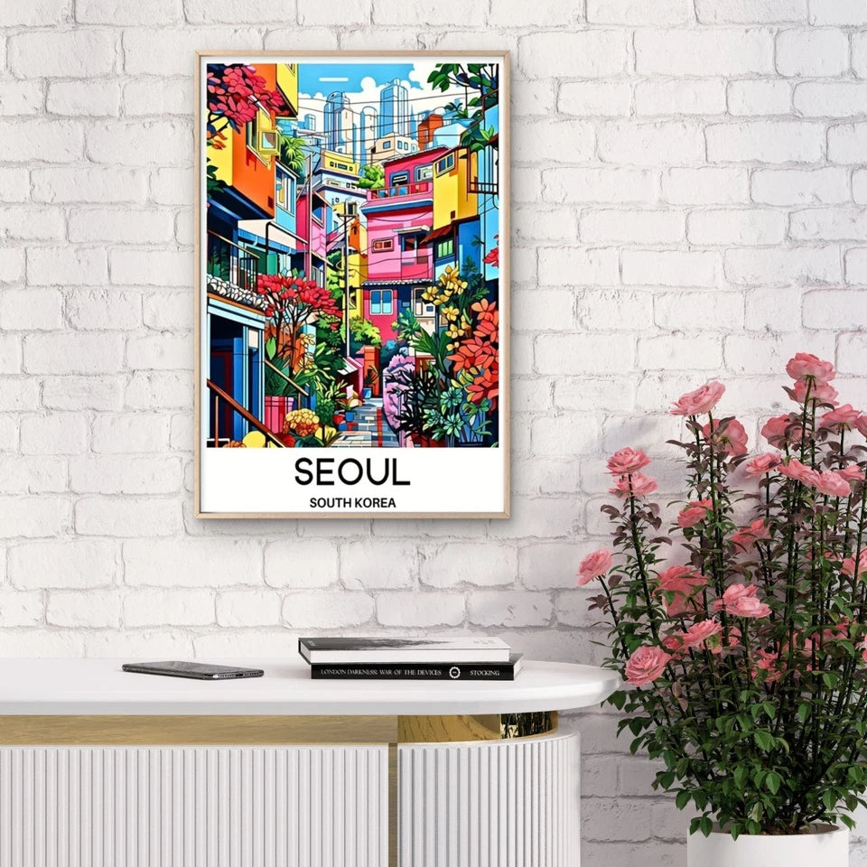 Seoul, Painting with Colorful Korean Houses Travel Poster Print Wall Art - Bella Home Decor