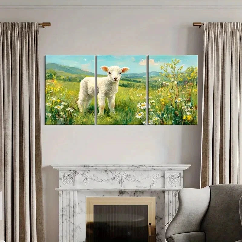 3pcs Spring Meadow Lamb & Floral Landscape Metal Print Ready to Hang Art