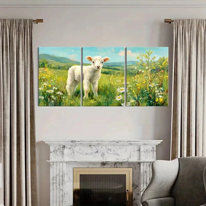 3pcs Spring Meadow Lamb & Floral Landscape Metal Print Ready to Hang Art