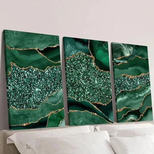 3pcs Green Agate Golden Glitter Texture Wall Art Canvas Unframed - High Quality Print 100% Australian Made Wall Canvas