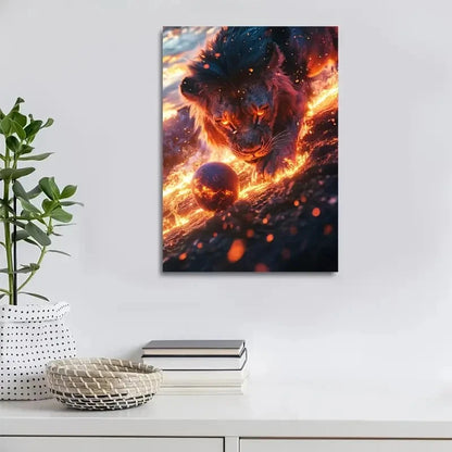 Glowing Embers Scene Sunlit Vibrant Lion Painting 40x60cm Metal Print Ready to Hang
