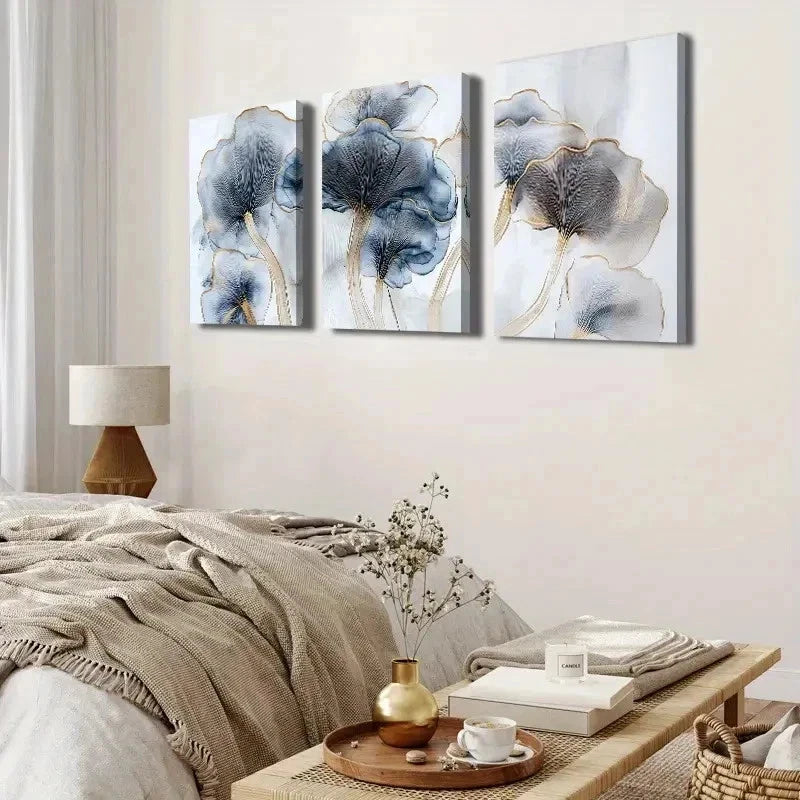 3pcs Three Piece Blue And Golden Wall Art Set Canvas Framed 40x60cm - High Quality Print 100% Australian Made Wall Canvas Ready to Hang