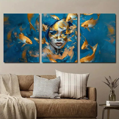 3pcs Golden And Blue Koi Fish Girl Décor Perfect Wall Art Set Canvas Framed 40x60cm - High Quality Print 100% Australian Made Wall Canvas Ready to Hang