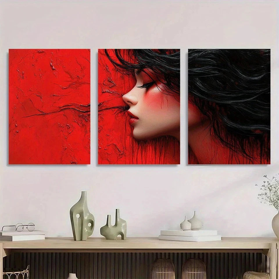 3pcs Elegant Girl in Red Abstract Marble Metal Print Ready to Hang Art