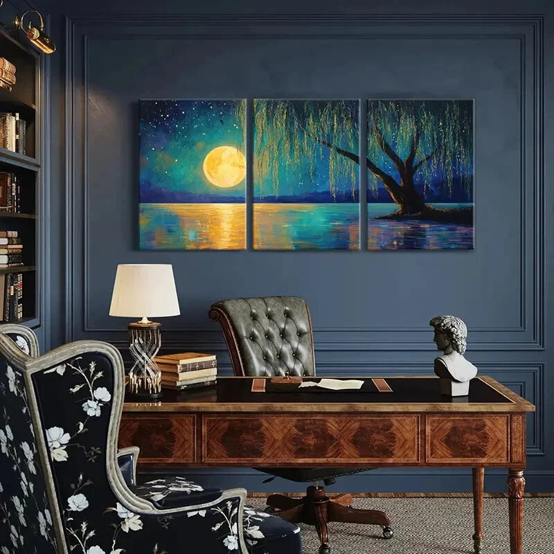 3pcs Willow Tree Serene Night Sky Starry Landscape Metal Print Ready to Hang Art