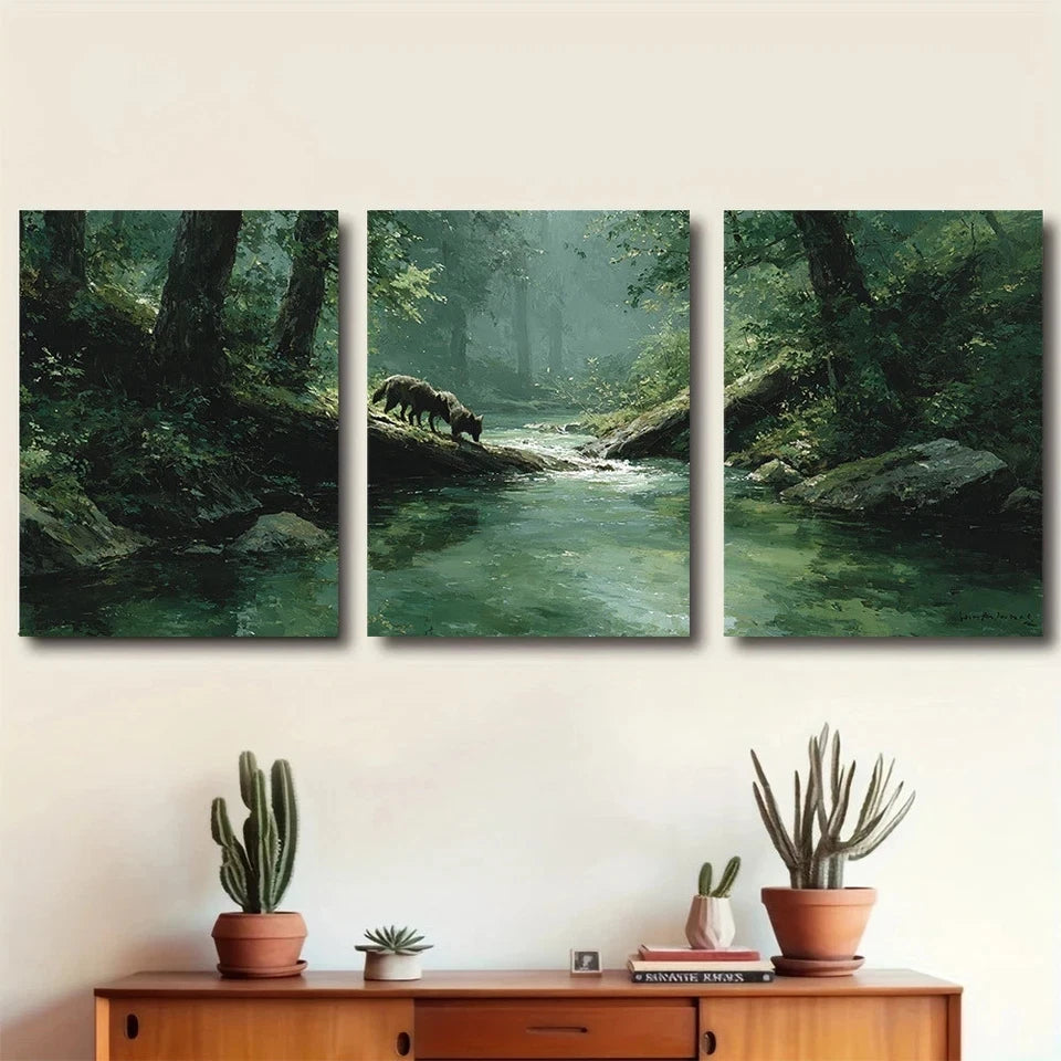 3pcs Wolves Navigating Forest Metal Print Ready to Hang Art