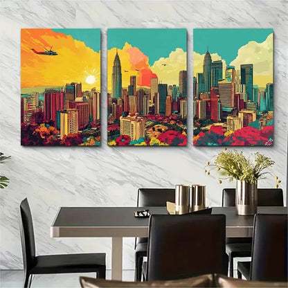 3pcs Featuring Iconic Skyscrapers & Helicopter Metal Print Ready to Hang Art