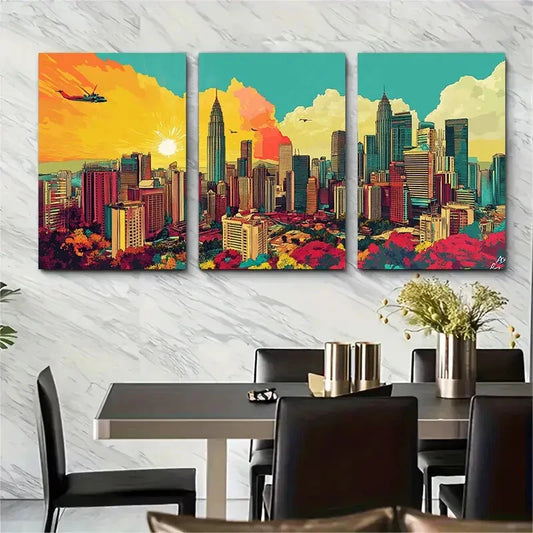 3pcs Featuring Iconic Skyscrapers & Helicopter Metal Print Ready to Hang Art