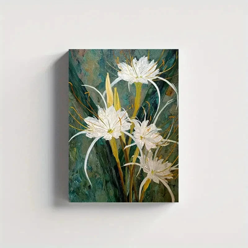Flowers With Green & Golden Accents Painting 40x60cm Metal Print Ready to Hang