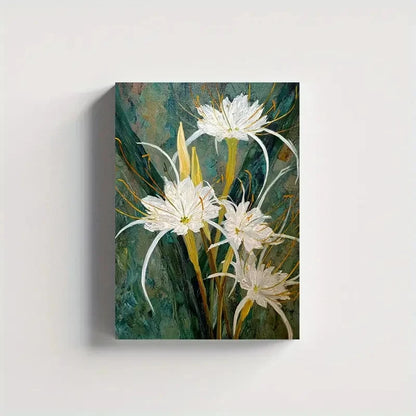 Flowers With Green & Golden Accents Painting 40x60cm Metal Print Ready to Hang