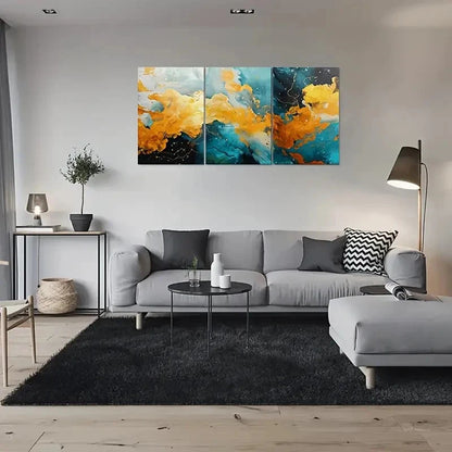 3pcs Vibrant Blue Yellow Orange Splashes Metal Print Ready to Hang Art