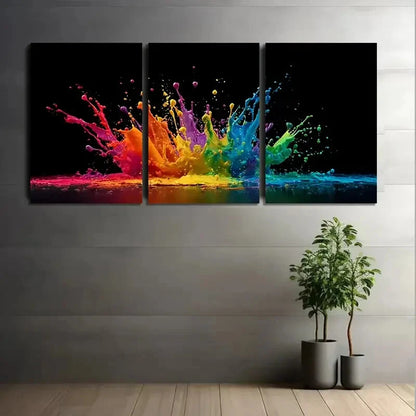 3pcs Vibrant Colorful Paint Splashes Black Metal Print Ready to Hang Art