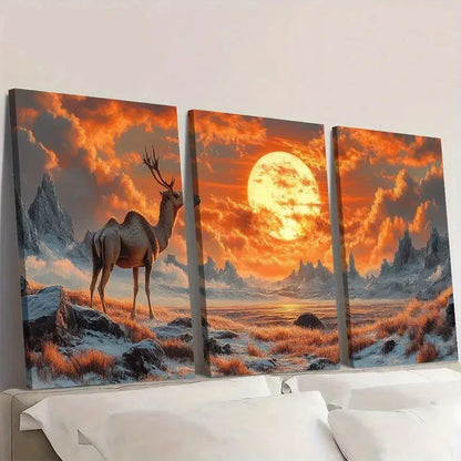 3pcs Majestic Camel & Deer Sunset Scenes Wall Art Set Canvas Framed 40x60cm - High Quality Print 100% Australian Made Wall Canvas Ready to Hang