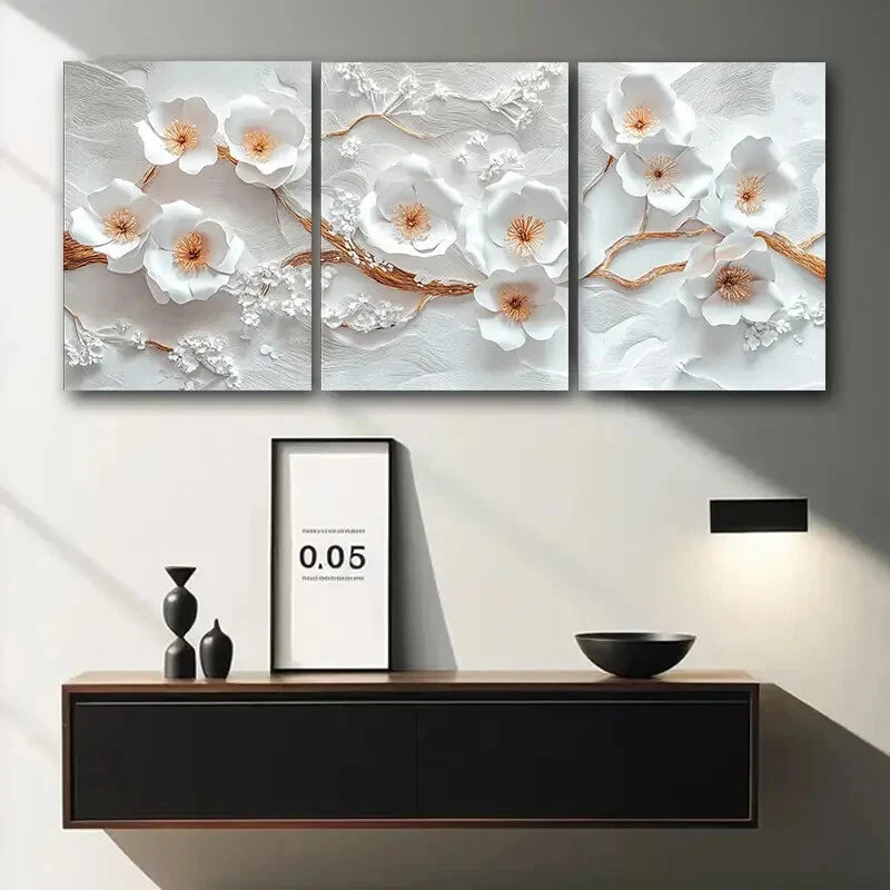 3pcs Elegant White Flower Tree Classic & Modern Metal Print Ready to Hang Art