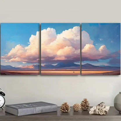 3pcs Fluffy Clouds Over a Vast, Flat Landscape Wall Art Set Canvas Framed 50x70cm - High Quality Print 100% Australian Made Wall Canvas Ready to Hang
