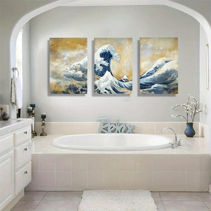 3pcs Golden and Blue Abstract Ocean Scene Metal Print Ready to Hang Art