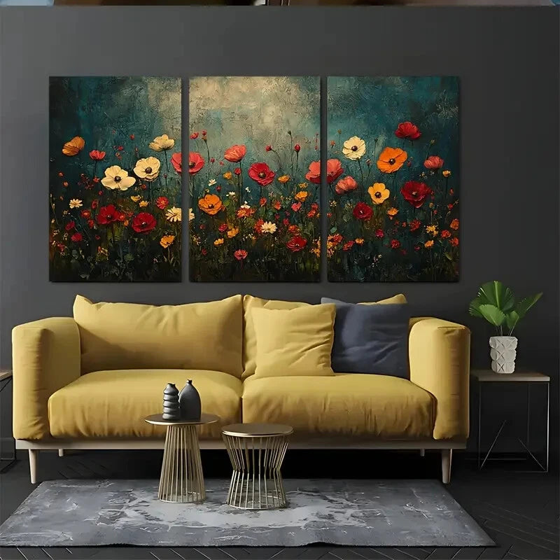 3pcs Dark Floral Meadow Botanical Perfect Wall Art Set Canvas Framed 40x60cm - High Quality Print 100% Australian Made Wall Canvas Ready to Hang