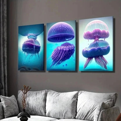 3pcs Jellyfish Decorative Illustrations Wall Art Set Canvas Framed 40x60cm - High Quality Print 100% Australian Made Wall Canvas Ready to Hang