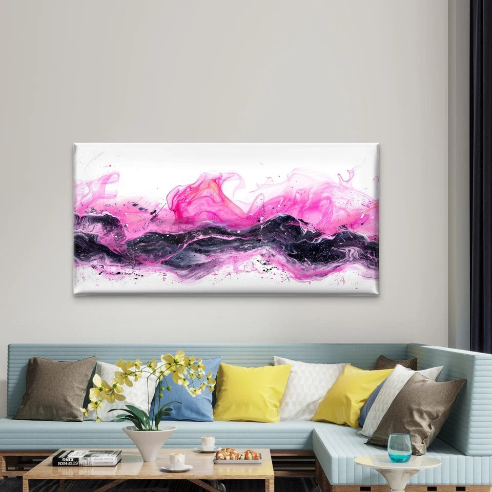 Pink And Black Ink Abstract Wall Art Canvas Office Home Room Framed 120x60cm