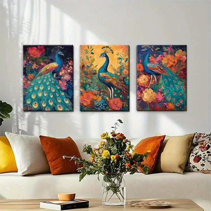 3pcs Vibrant PeaRooster & Floral Nature Metal Print Ready to Hang Art