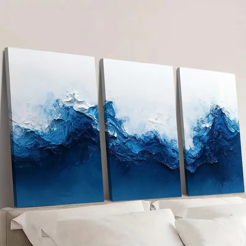 3pcs Blue & White Abstract Painting  Wall Art Set Canvas Framed 60x90cm - High Quality Print 100% Australian Made Wall Canvas Ready to Hang
