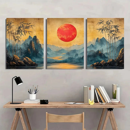 3pcs Abstract Bamboo Golden and Gray Tone Metal Print Ready to Hang Art