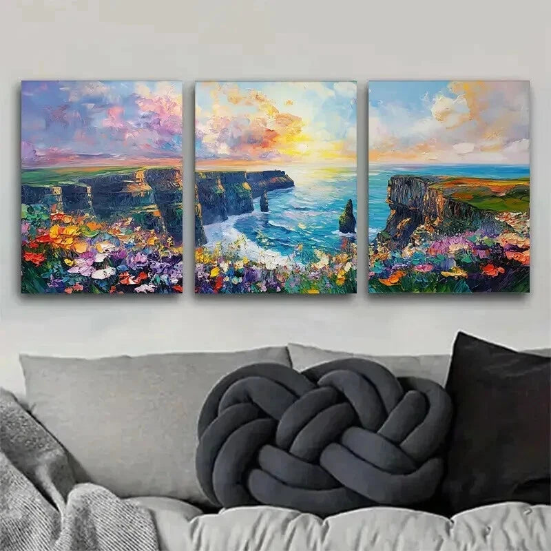 3pcs Cliffs by Sea with Colorful Flower Perfect Wall Art Set Canvas Framed 40x60cm - High Quality Print 100% Australian Made Wall Canvas Ready to Hang