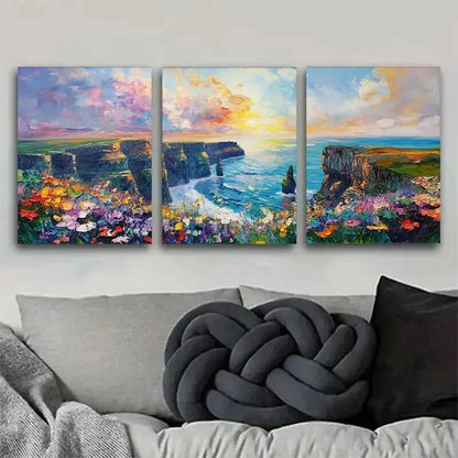 3pcs Cliffs by Sea with Colorful Flower Perfect Wall Art Set Canvas Framed 40x60cm - High Quality Print 100% Australian Made Wall Canvas Ready to Hang